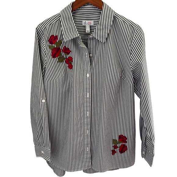 Denim & Co White with Gray Stripes Button Up Shirt Top Sz Medium Rose Applique - Picture 1 of 7